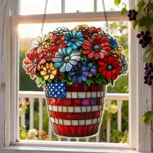 Patriotic Flower Pot Acrylic Suncatcher American Flag Floral Window Hanging 4th of July Decor