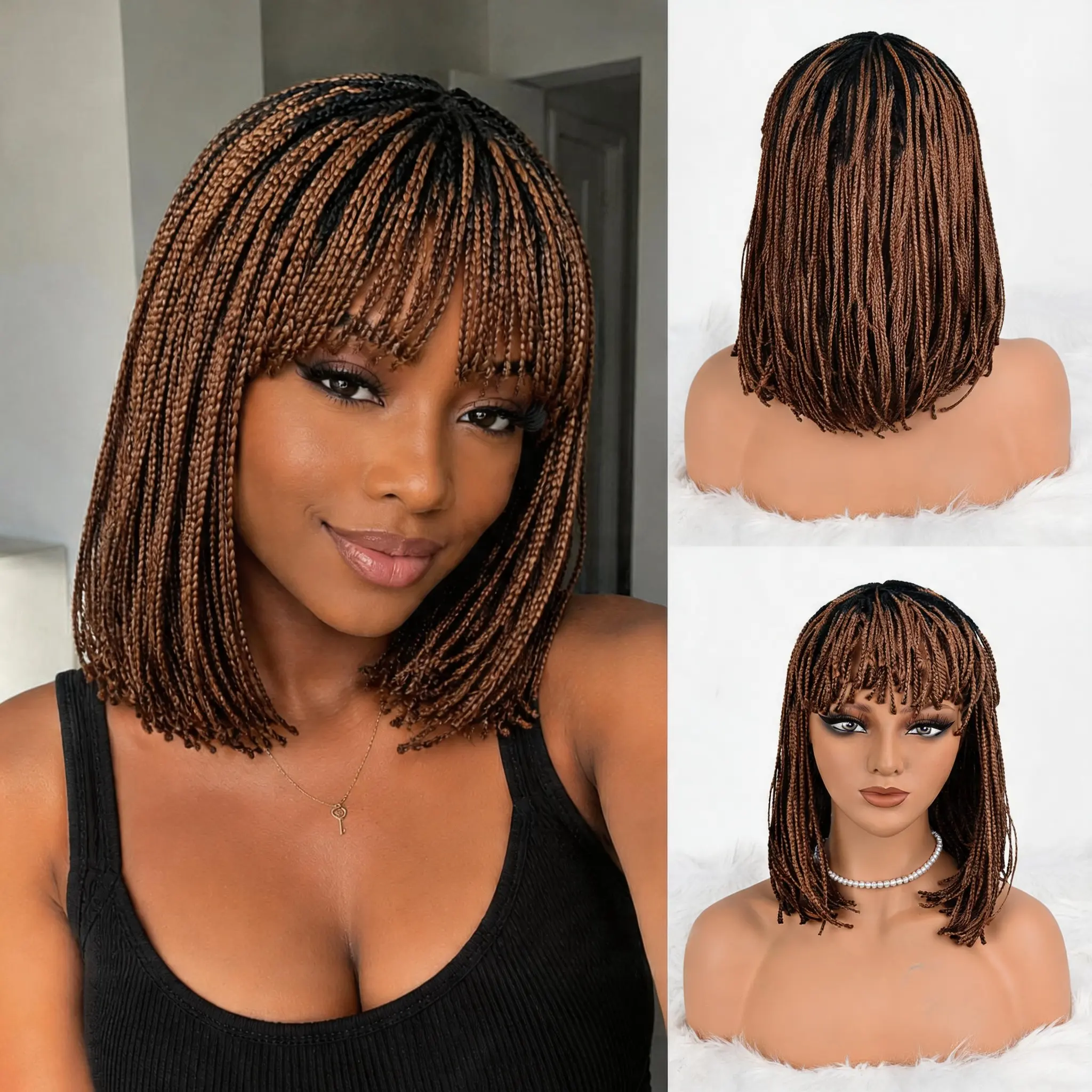 ZIHAN Female Short Box Braided Bob Wig - Glueless Synthetic Faux Locs with Bang, Heat Resistant, Breathable Rose Net Cap, 1-Size Hair Replacement for Black Women Summer Fashion