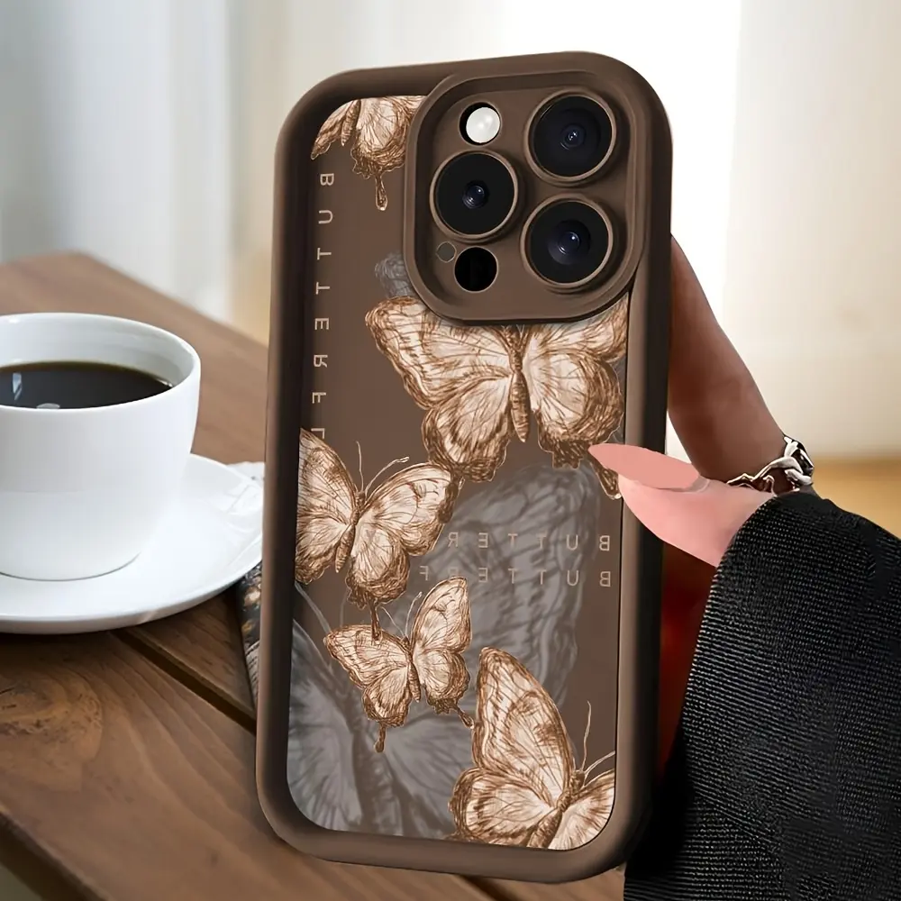 Vintage Butterfly TPU Cellphone Cover - Shockproof, Durable, Aesthetic Mobile Phone Accessory for iPhone 11,12,13,14,15,16,17 Pro Max, Brown Background with Light Brown Butterfly Sketch