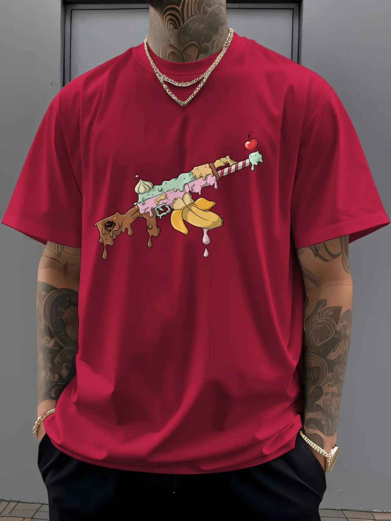 Men's Trendy Loose Round Neck T-Shirt, Casual Daily Short Sleeve T-Shirt, Ice Cream Ak47, Graffiti, Printed T-Shirt, Gift Idea