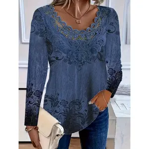 Women’s floral print lace contrast long-sleeve T-shirt — V-neck stretchy top, machine washable elegant casual shirt for spring/fall fabric polyester women’s blouse