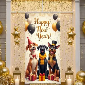 2D flat banner1pc Happy New Year Banner Door Cover, New Year Banner with Dog Pattern for New Year’s Eve Decorations Door Hanging Backdrop Sign Photo Booth PropDecorations Supplies  Fabric HomeDecor HolidayParties Birthday Decorations Cartoon Animal Theme