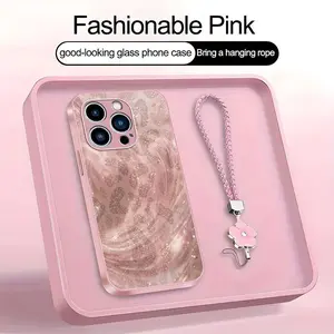 Luxury Pink Glitter Leopard Smartphone Casing - Rose Gold Swirl Aesthetic Glass Protector with Lanyard for iPhone 15 Pro Max, Mobile Phone Accessories, Cellphone Case -975