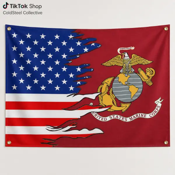 USMC Marine Corps American Flag Wall Banner, Eagle Globe and Anchor Semper Fidelis Military Tapestry, Red White Blue Patriotic Veteran Decor, Indoor Outdoor Hanging Flag with 4 Corner Grommets