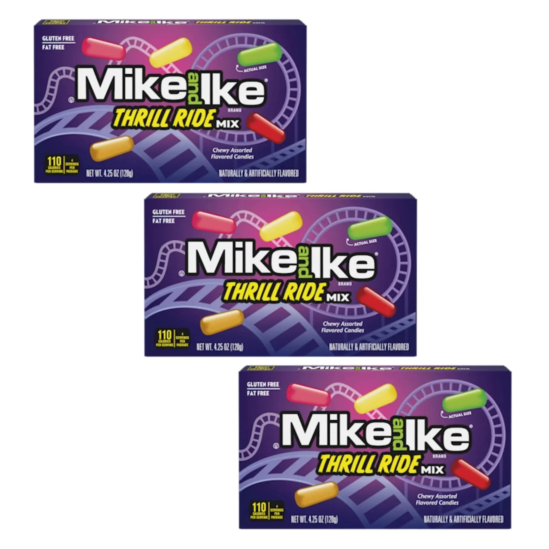 Mike and Ike Thrill Ride - Pack of 3 - Fun Variety of Gummy Flavors - Sweet, Bold and Full of Excitement - Perfect for Sharing or Keeping for Yourself
