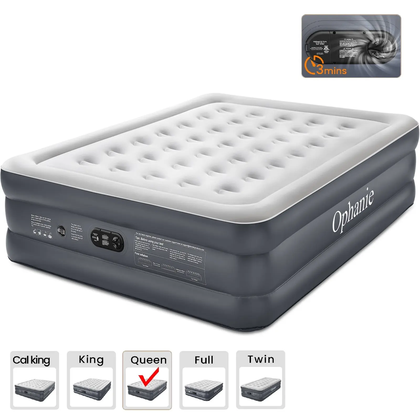 Ophanie Queen Air Mattress, 18-Inch Elevated Inflatable Bed with Built-in Pump, Puncture-Resistant Mattresses, Quick Inflation/Deflation, Portable for camping & Guests, Dark Gray