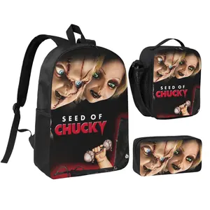 3pcs Chucky Backpack Set Chucky muñeco Outdoor Daypack with Insulated Lunch Bag & Pencil Pouch Chucky doll Ultra Lightweight Backpack for Camping, Picnic, Daily Commute, School & Office Perfect Birthday, Holiday & Back to School Gift