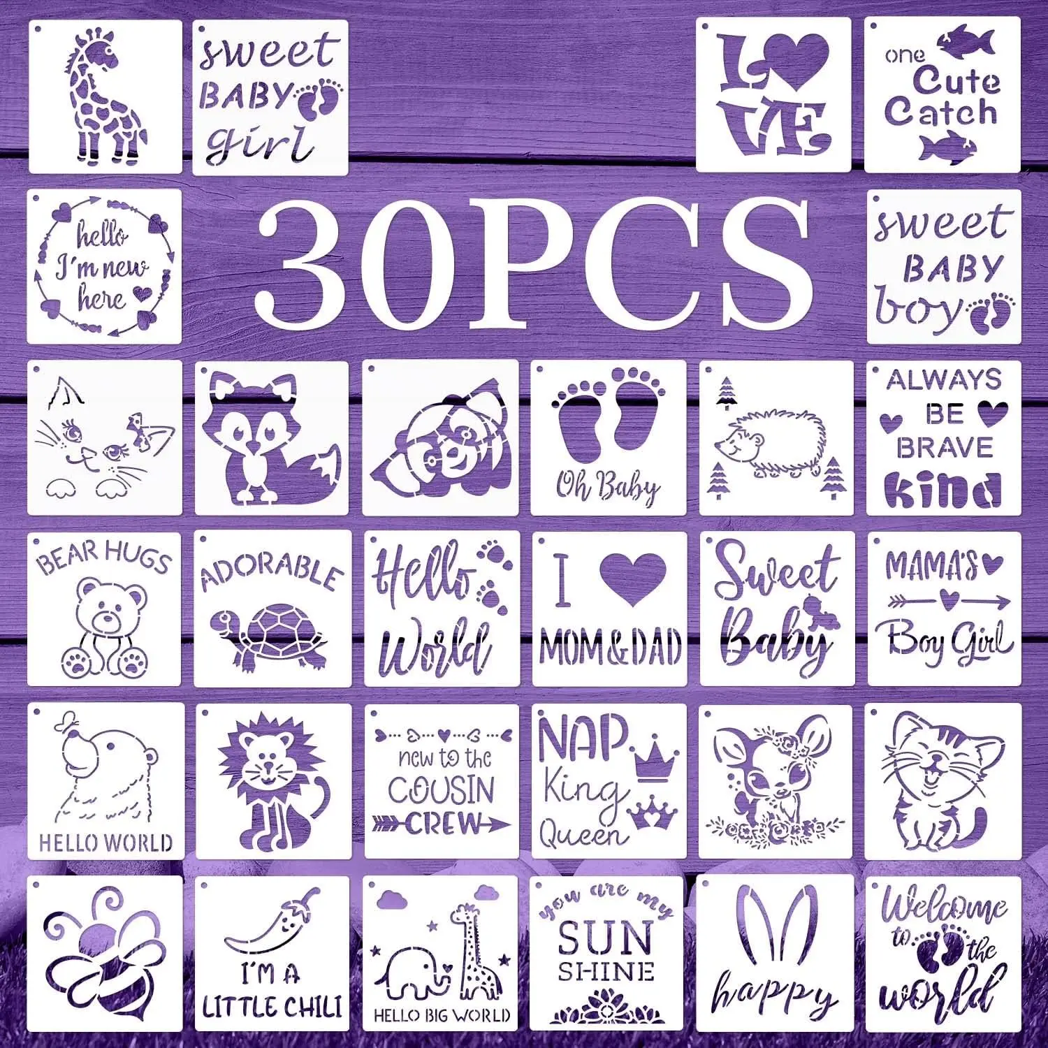 30 Pieces Baby Shower Stencils for Painting 5 Inch Cute Onesie Stencil Reusable Mixed Phrase Small Animals Template Bodysuit Shirts Shoes Bibs Clothes