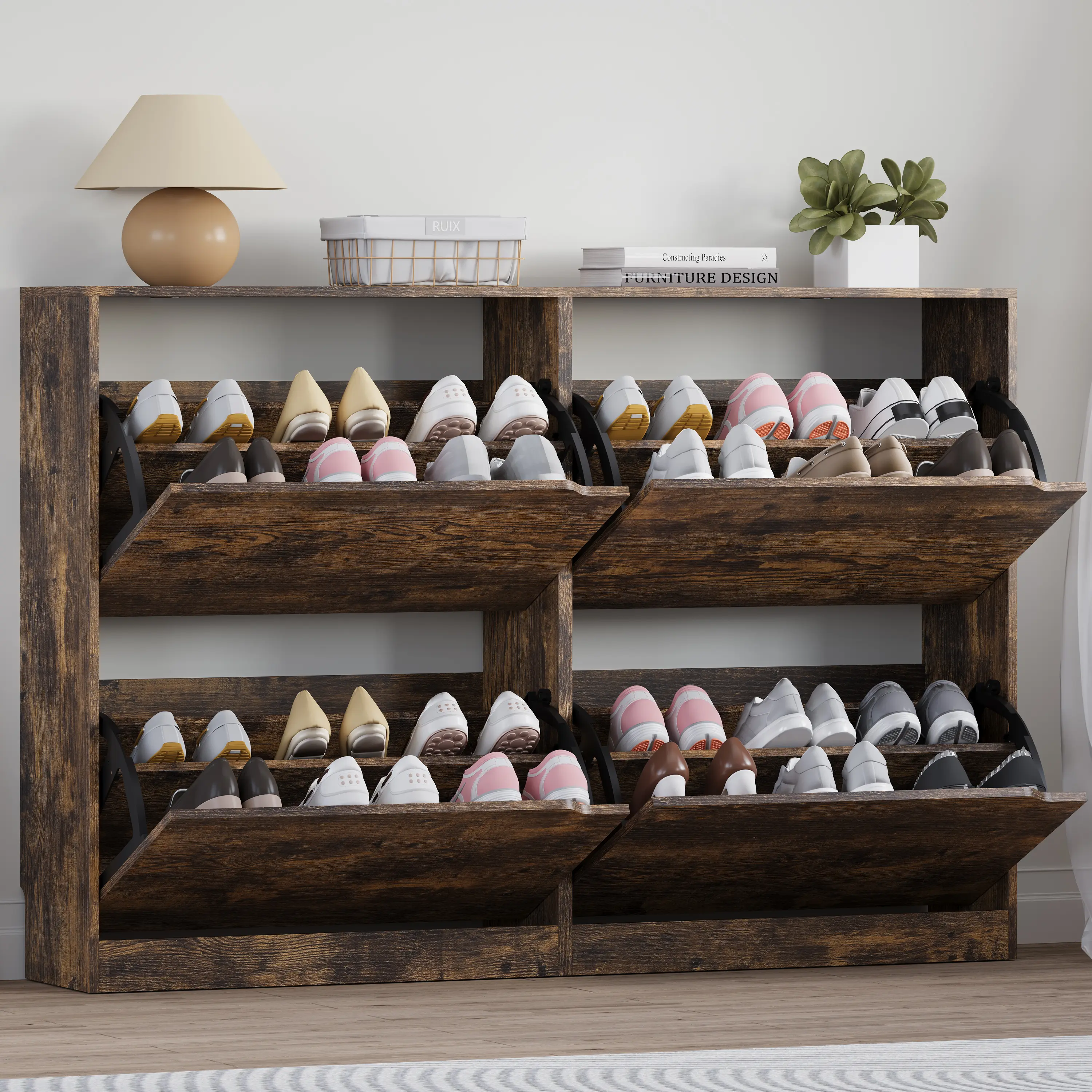 Entryway Shoe Storage Cabinet with 4 Flip Drawers, Sturdy Wood Narrow Freestanding Organizer, Hidden Shoe Rack for Hallway, Living Room, Bedroom, Front Door