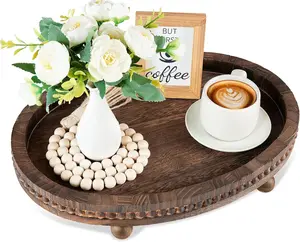 Wooden Decorative Tray-16×11.8in Wood Beaded Coffee Table Decor Tray, Rustic Farmhouse Decor Tray for Living Room, Bathroom, Kitchen Dining Table, Serving Tray Home Decor