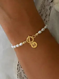 Women's Fashion OT Buckle Bracelet, Pearl Beaded Bracelet, Round Hollow Out Letter Design, Artificial Pearl Beads, Casual Style, All Seasons Wear, Bracelet Jewelry