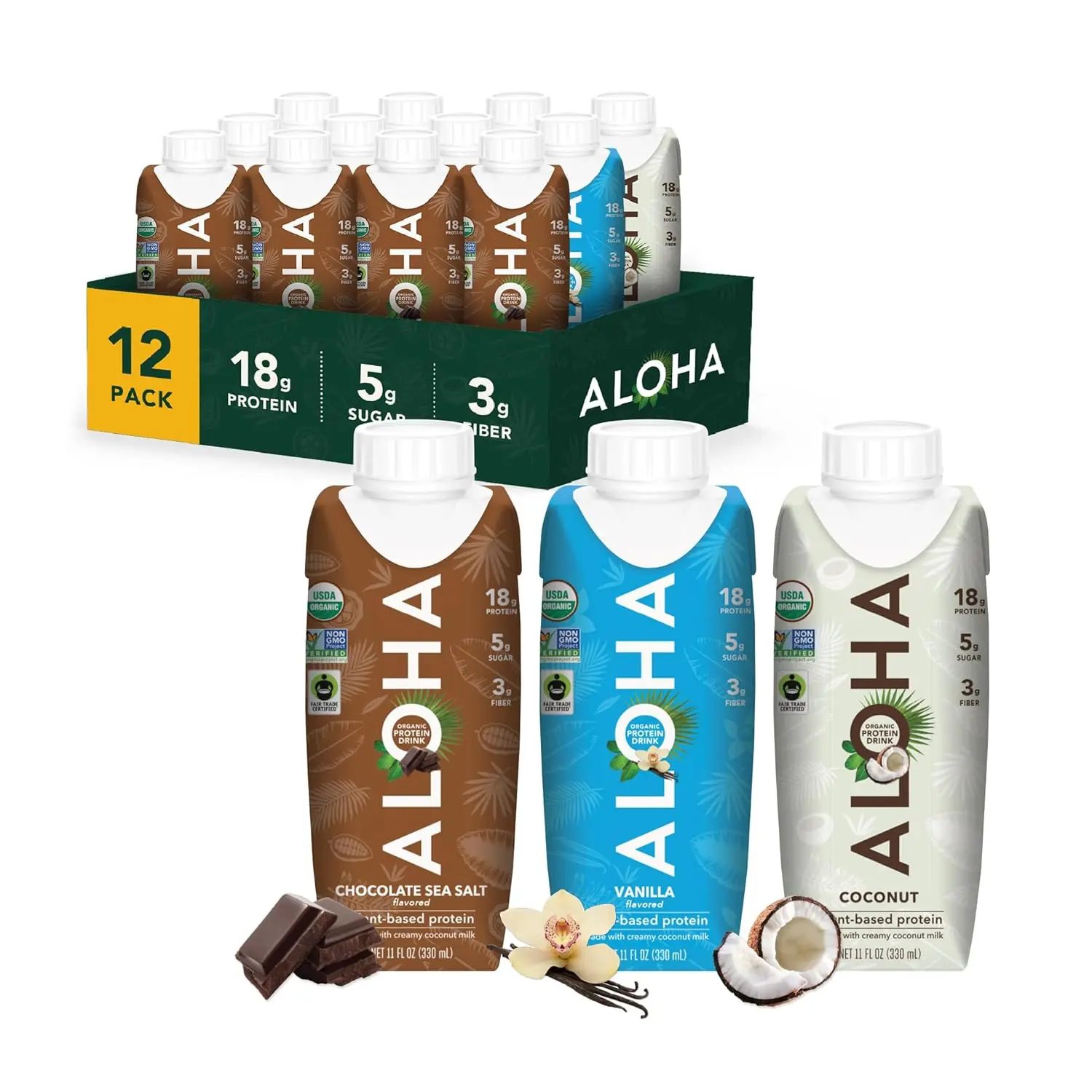 ALOHA Organic Plant Protein Drink Variety Pack, 18g Protein, Coconut Milk Beverage, Vegan, Non-GMO, Gluten Free, 11 fl oz, 12 Count