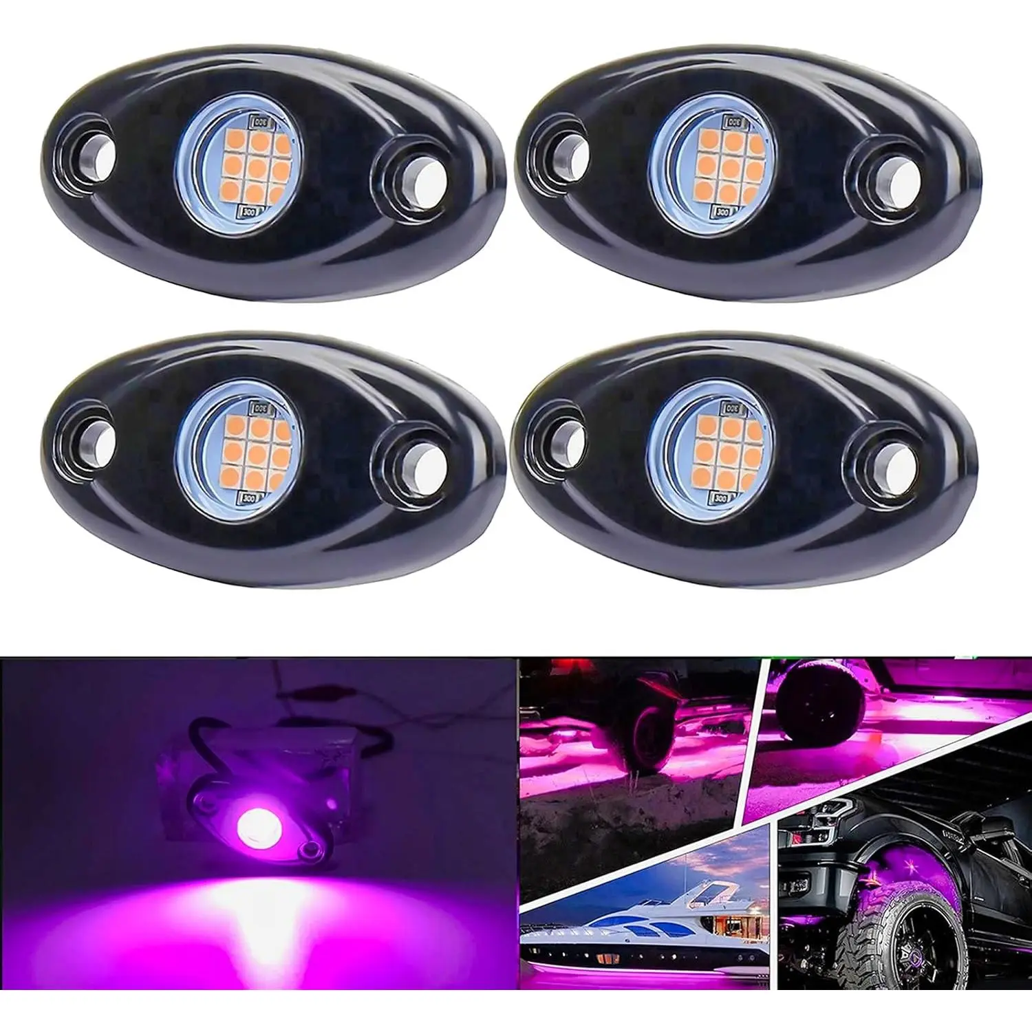 Purple Pink LED Rock Lights with 4 Pods Neon 12V Underglow Underbody Kit Crawler Crawling Dome Exterior Wheel Lamp Compatible for ATV RZR UTV SUV Off-Road Auto Boat Motorcycle Trail Rig Fender