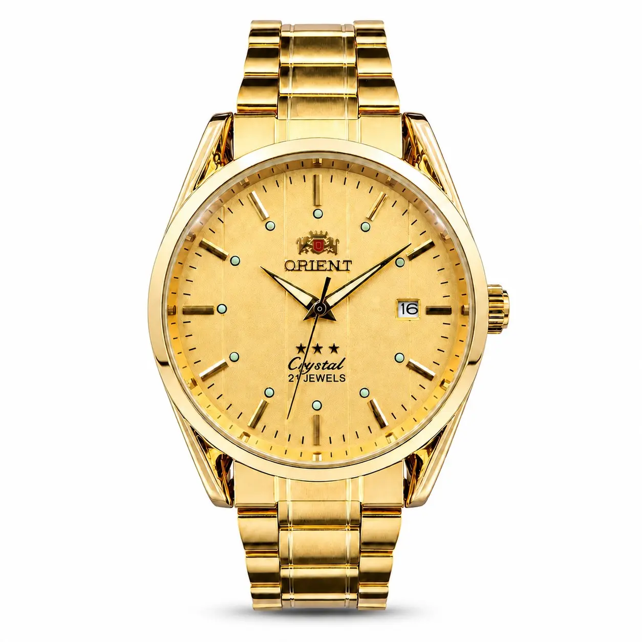 Luxury Men’s Full Gold Automatic Mechanical Watch - Orient Crystal 21-Jewels Movement, Luminous Hour Markers, Date Display, Gold-Toned Stainless Steel Bracelet, Classic Business Dress Watch, Ideal Gift for Men’s Anniversary & Daily Wear