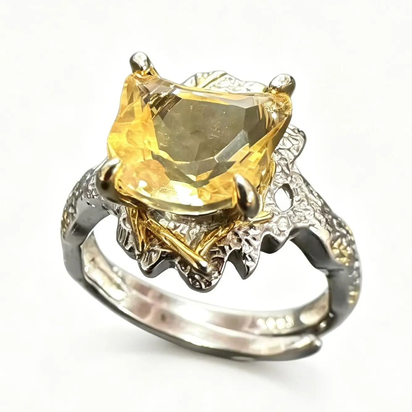 925 Silver Natural Citrine Artisan Ring - Adjustable, 10×11mm, Bohemian, Unisex, Edgy Mixed Metals Ring, Mixed Metals Rings