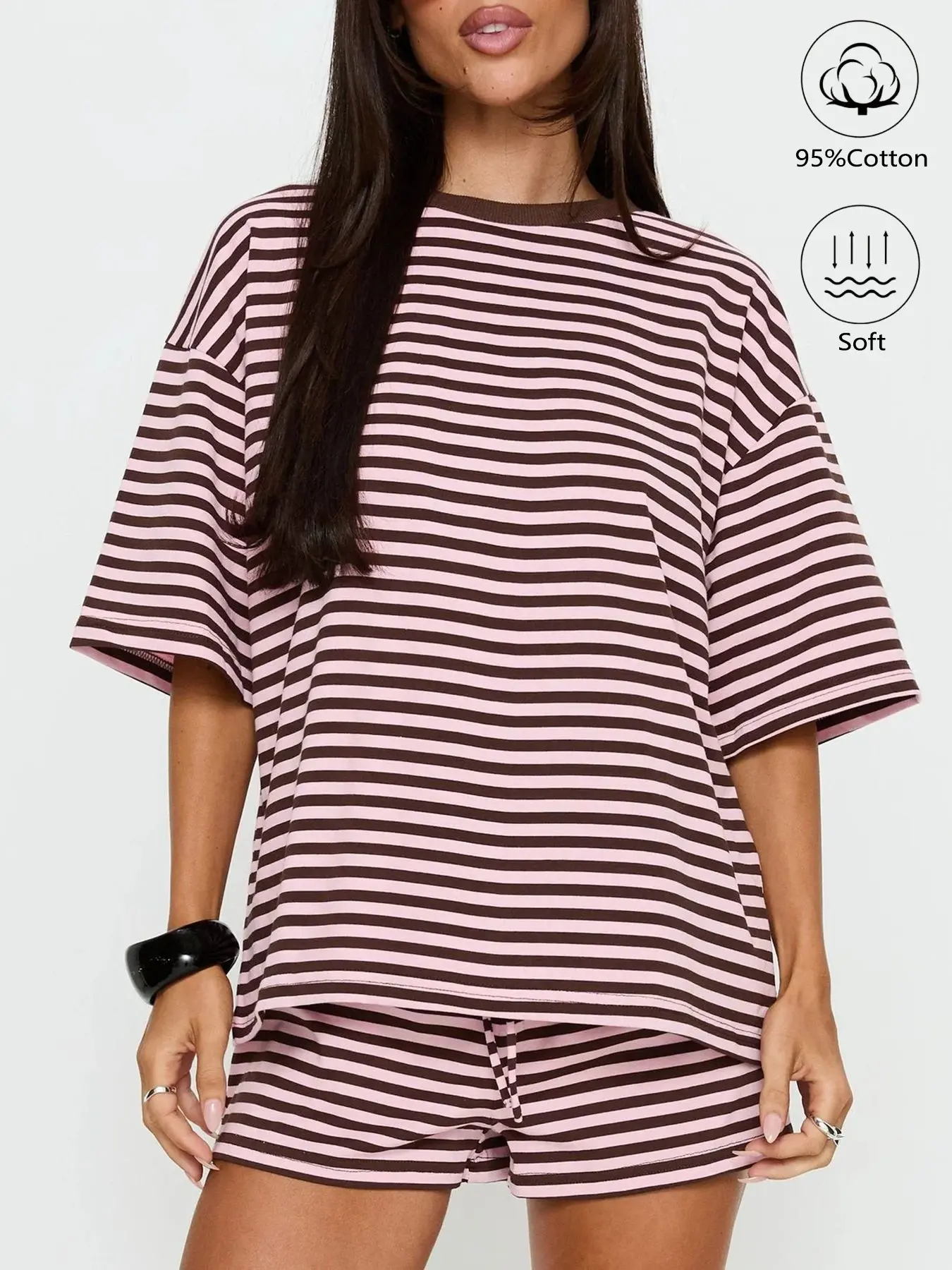Summer New Women's 2-Piece Cotton Breathable Striped Short Sleeve Shorts Set, Stripe T-Shirt with Elastic Waist Pockets, Casual Fashion Ensemble, Womenswear, Summer Loungewear Sets