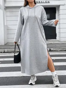 Women's Plus Size Loose Hooded Drawstring Sweatshirt Dress, Long Sleeve Casual Thin Side Slit Dress with Front Pocket, All Season Comfort