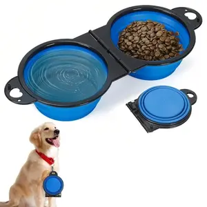 Blue 2-In-1 Portable Dog Bowl, Foldable Silicone Double Bowls with Food Container, Collapsible Pet Feeding Set for Puppies & Small Dogs