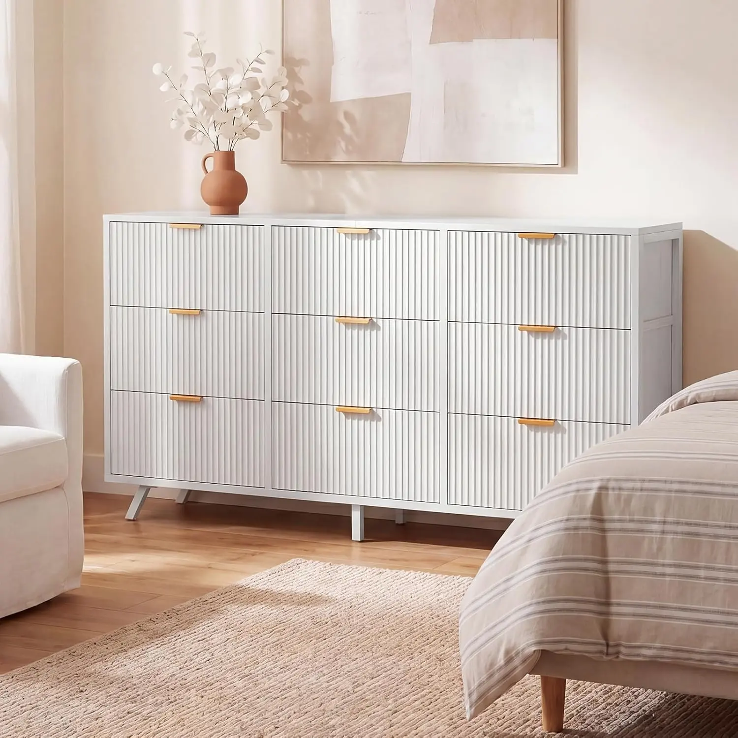 9-Drawer Fabric Dresser for Bedroom, Fluted Chest of Drawers with Wooden Top & Metal Frame, 57" Storage Organizer for Closet