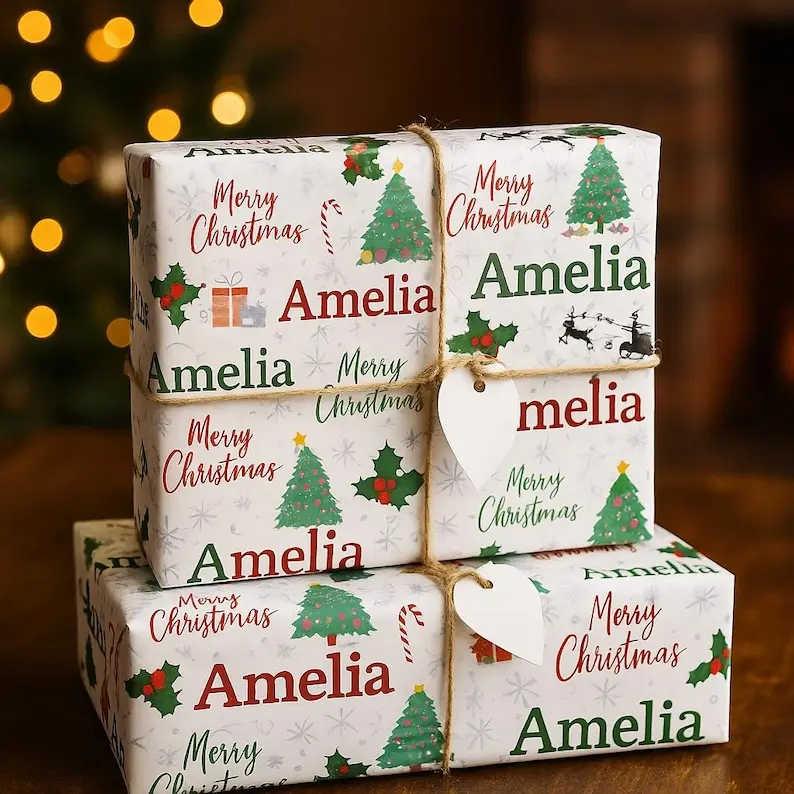 Custom Name Christmas Wrapping Paper Personalized Holiday Gift Wrap Names Festive Custom Name Printed Wrapping Paper Roll Family Gift Wrap