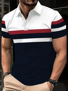 Summer Striped 3D Print Smart Casual Polo Shirt Men's Fashion Streetwear Button- Collar Short Sleeve Shirt