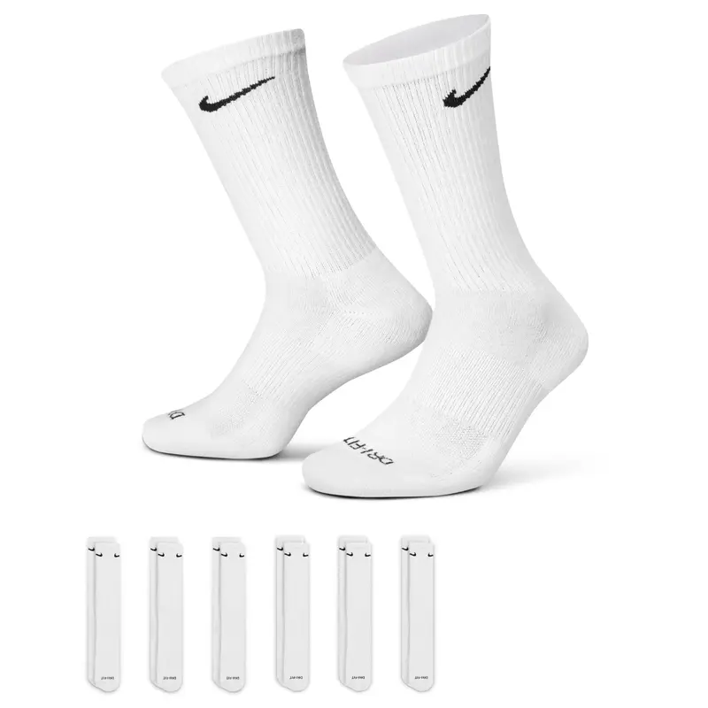 Nike Everyday Plus Dri-Fit Unisex Crew Socks - White 6-Pack Cushioned, Anti-Perspiration, Breathable Sports Athletic Socks for Women, Spring 2026 Essential Accessory Gift Idea, Breathable Sports Socks
