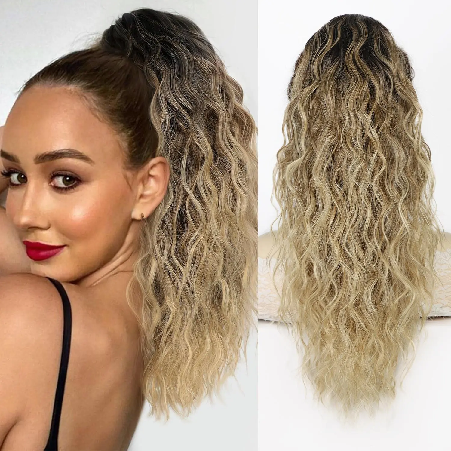 Summervibes 20inch Long Claw Highlight Ponytail Extension, Multi Layered Hair Wavy Curly Fluffy Thick Jaw Clip in Hair Extensions Ponytail Soft Natural Synthetic Ponytail