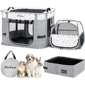 Portable Cat Playpen with Litter Box, Cat Enclosure for Camping, Cat Recovery Playpen After Surgery, Foldable Indoor Outdoor Pet Tent for Cats Rabbits Puppies (Light Gray)