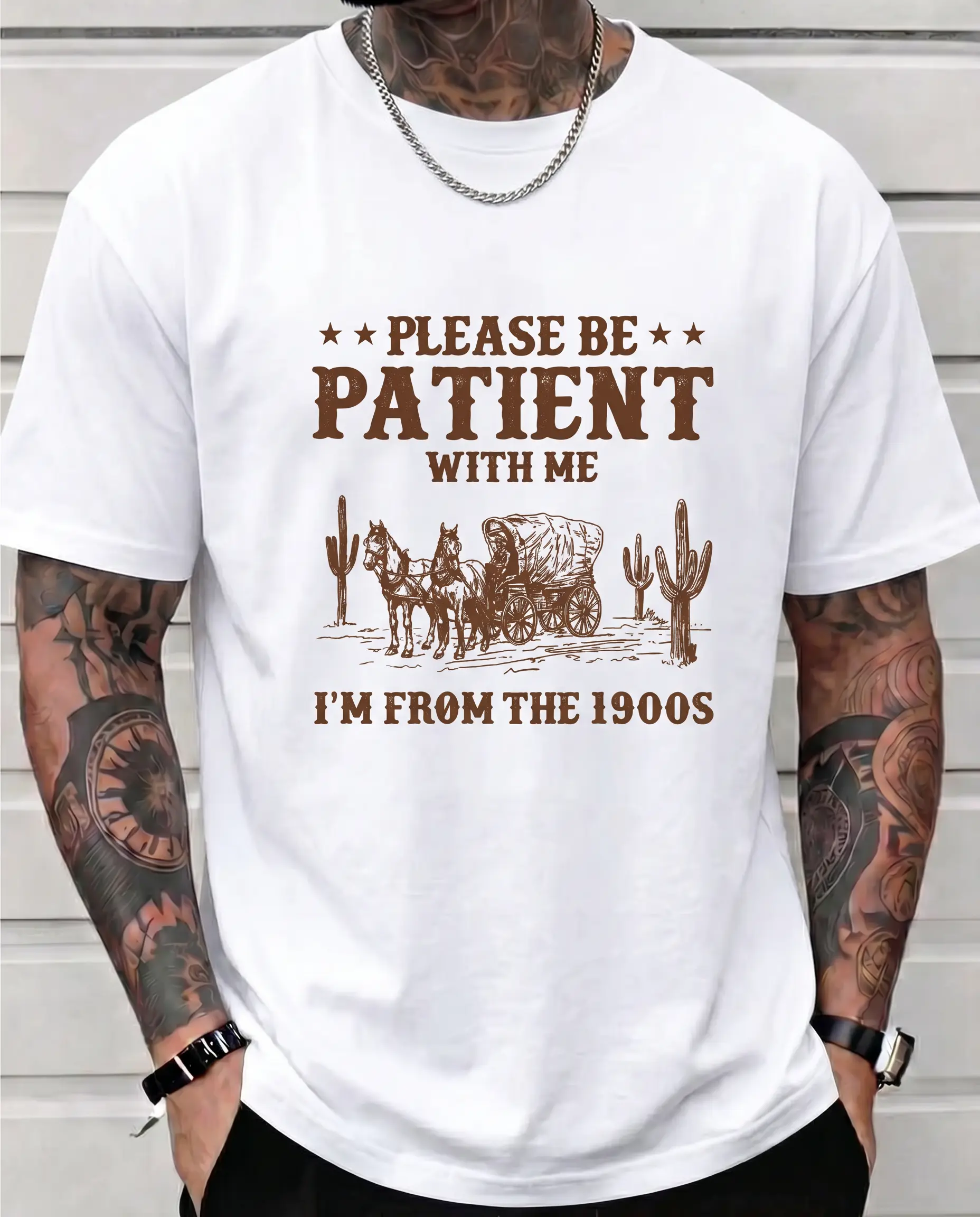 Women's Round Neck Printed Streetwear T-Shirt - Unisex 1900s Themed "Please Be Patient With Me" Graphic Top, Funny Millennial Humor, Retro Western Country Aesthetic, Oregon Trail Nostalgia