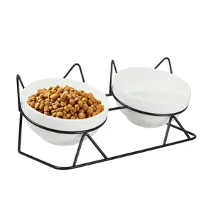 Elevated Tilted Cat Bowls 15° Raised Ceramic Feeding Bowl Set for Indoor Cats, Double Bowls for Food & Water with Stand