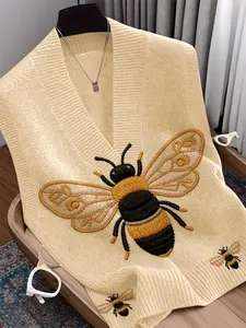Spring Summer Elegant Women's Cartoon Bee Animal Print Vest, Deep V Neck Sleeveless Knit Sweater, Casual Breathable Top for All Seasons