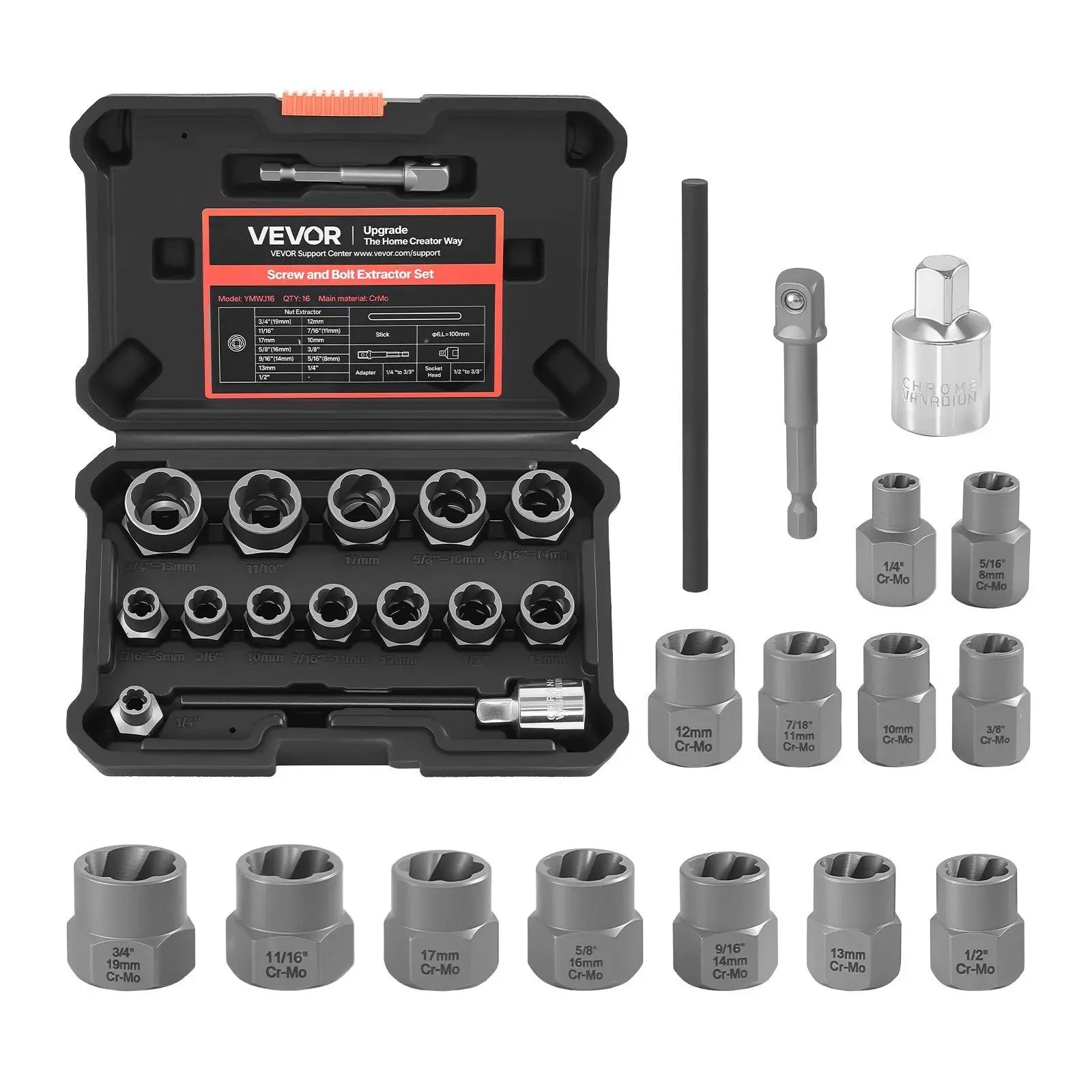 【Auction】VEVOR Bolt Extractor Kit, 16 Pieces Impact Bolt & Nut Remover Set with Adapters and Pin Punch, Solid Storage Case, Cr-Mo Steel for Removing Damaged, Rusted, Stripped, Rounded Bolts, Nuts and Screws