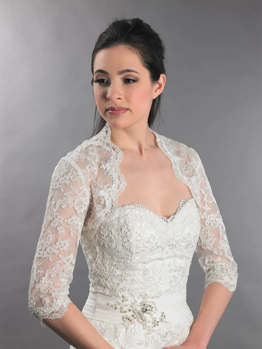 3/4 sleeve ivory bridal lace wedding bolero jacket