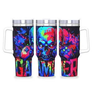 1pc Cyberpunk Gamer Skull Tumbler Colorful Game Controller Printed Stainless Steel Car Cup Large Capacity Vacuum Insulated Travel Mug