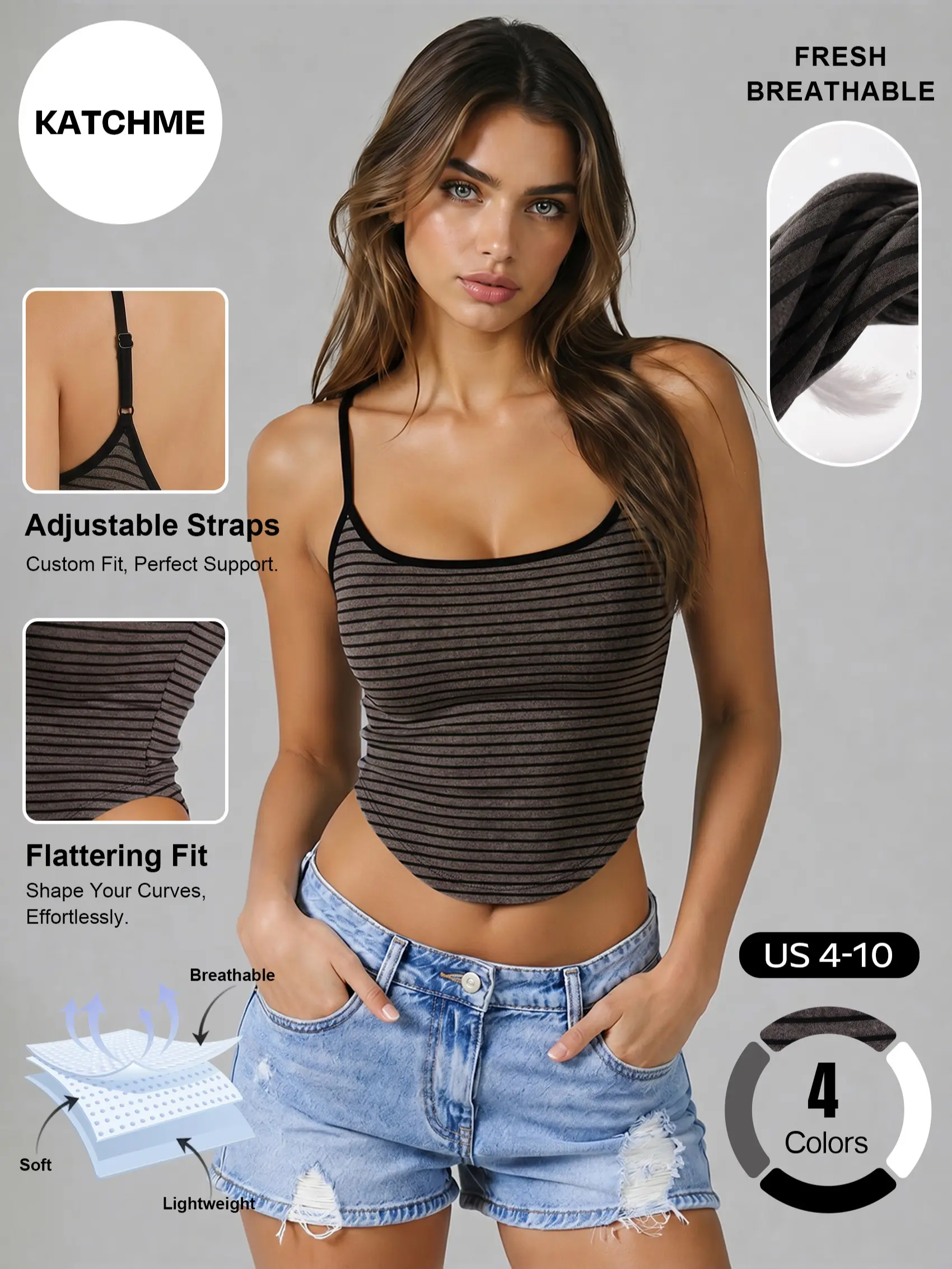 Katch Me Chic Women's Casual Adjustable Thin Strap Flattering Camisole with Detachable Pads, Lightweight Criss-Cross Back Daily Outfits, Airy & Stretchy Summer Tops, Sweat-Wicking Streetwear #TikTokMadeMeBuyIt #SummerCamisole #CasualTop #Athleisure