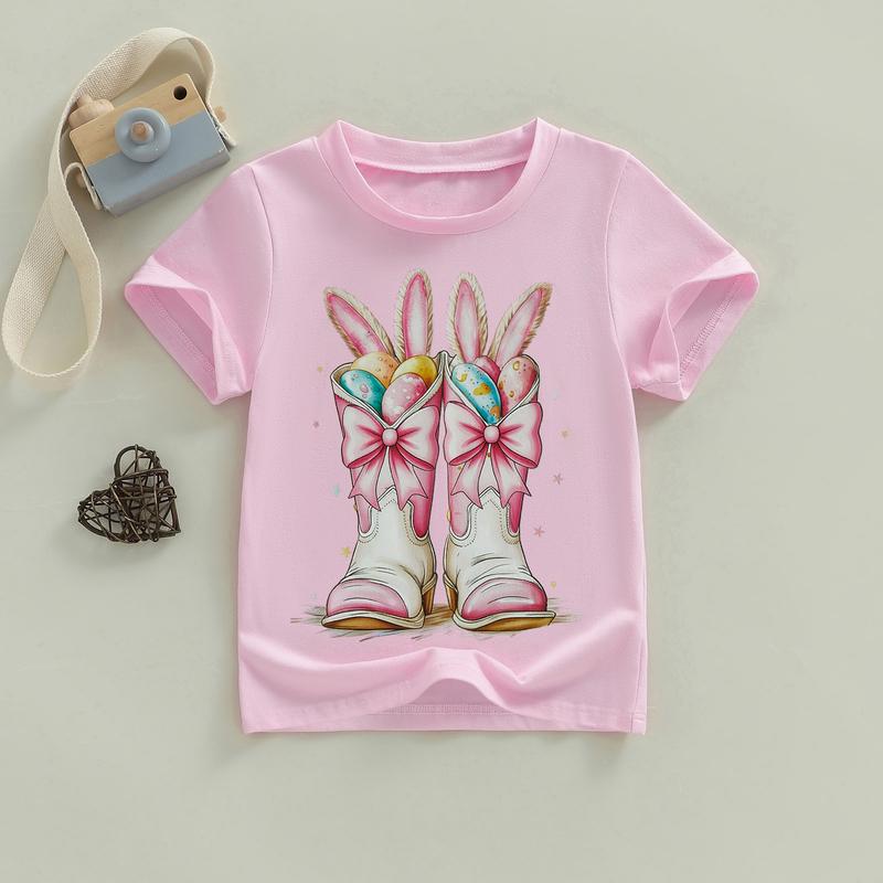 PYBCVRRD Kids Baby Little Girls Easter Shirts Short Sleeve Crew Neck Bunny Ears Boots Print Casual Summer Tops T shirt 1-6 Years