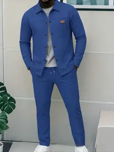 Men's Waffle Knit Pilot Jacket Set, Long Sleeve Shirt and Pants, Collar and Practical Pockets, Casual Classic Fall & Winter