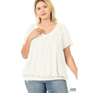 T0325001 V-Neck Short Sleeve Shirring Top