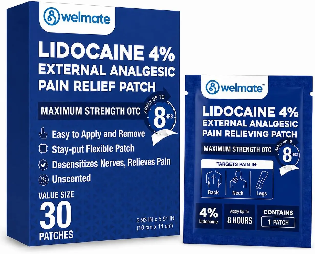 WELMATE 4% Lidocaine Maximum Strength Pain Relief Patches, Odor-Free Numbing Patches for Back, Neck, Shoulder