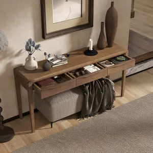 59.84'' Elegant Console Table with Oak Veneer, Entryway Modern Long and Narrow Foyer Table with 3 Drawers, Farmhouse Sofa Table with Soft Corner Design, Suitable for Living Room and Hallway Brown