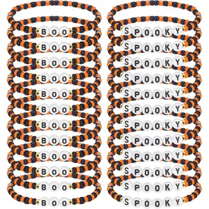 24 Pcs Spooky Boo Halloween Bracelets Polymer Clay Beaded Stretch Bracelets Letter Boho Jewelry for Women Halloween Party Favors for Family Friend Accessory Gift(Round Orange and Black)