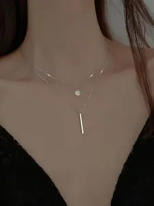 Women's Layered Necklace, Copper Zirconia Long Strip Design, Minimalist Cold Style, 45cm Chain, Daily Wear & Commute Jewelry Accessories