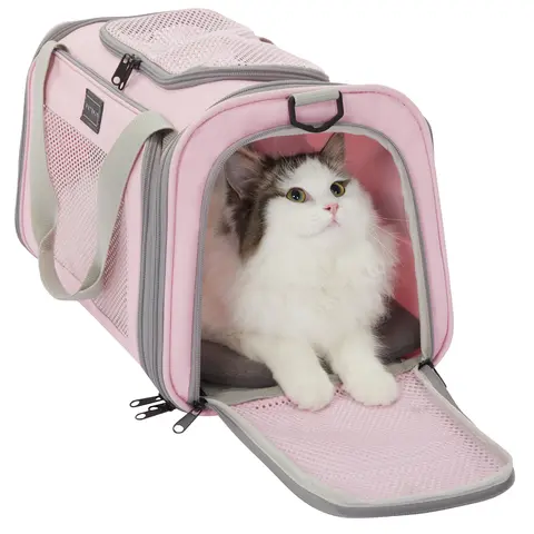 PETSFIT Airline Approved Design Cat Carrier - Underseat In-Cabin for 12lb Cats, Safety Escape-Proof Locking Zippers, 3-Way Entry, 4-Side Mesh Ventilation, Foldable, Washable Fabric Mat, 17.5 × 10.5 × 10.5 in