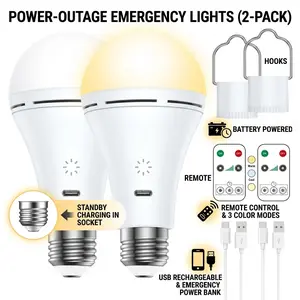 2 Pack USB Rechargeable Light Bulbs With Remote,2000mAh Light Bulbs,E27 9W Dimmable Timer Remote Control,Battery Powered Touch Control Emergency Bulb,3 Color Temperature for Emergency, Chicken Coop, Camping, Hiking, Hurricane Outage