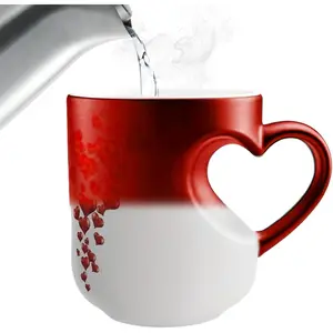 Heart-Shaped Color-Changing Ceramic Mug, Handled Coffee Cup, Surprises When Hot, Romantic Gift for Couples, Perfect for Hot Drinks