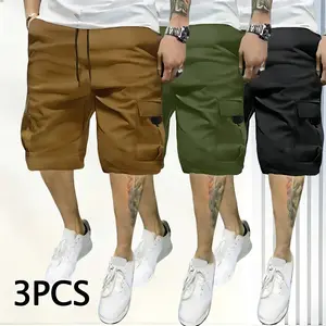3-Piece Men's Shorts Set - Brown Black & Green - Slanted Pockets - Versatile Casual Wear - 3-Piece Bottoms for Everyday Use Menswear Overalls shorts men