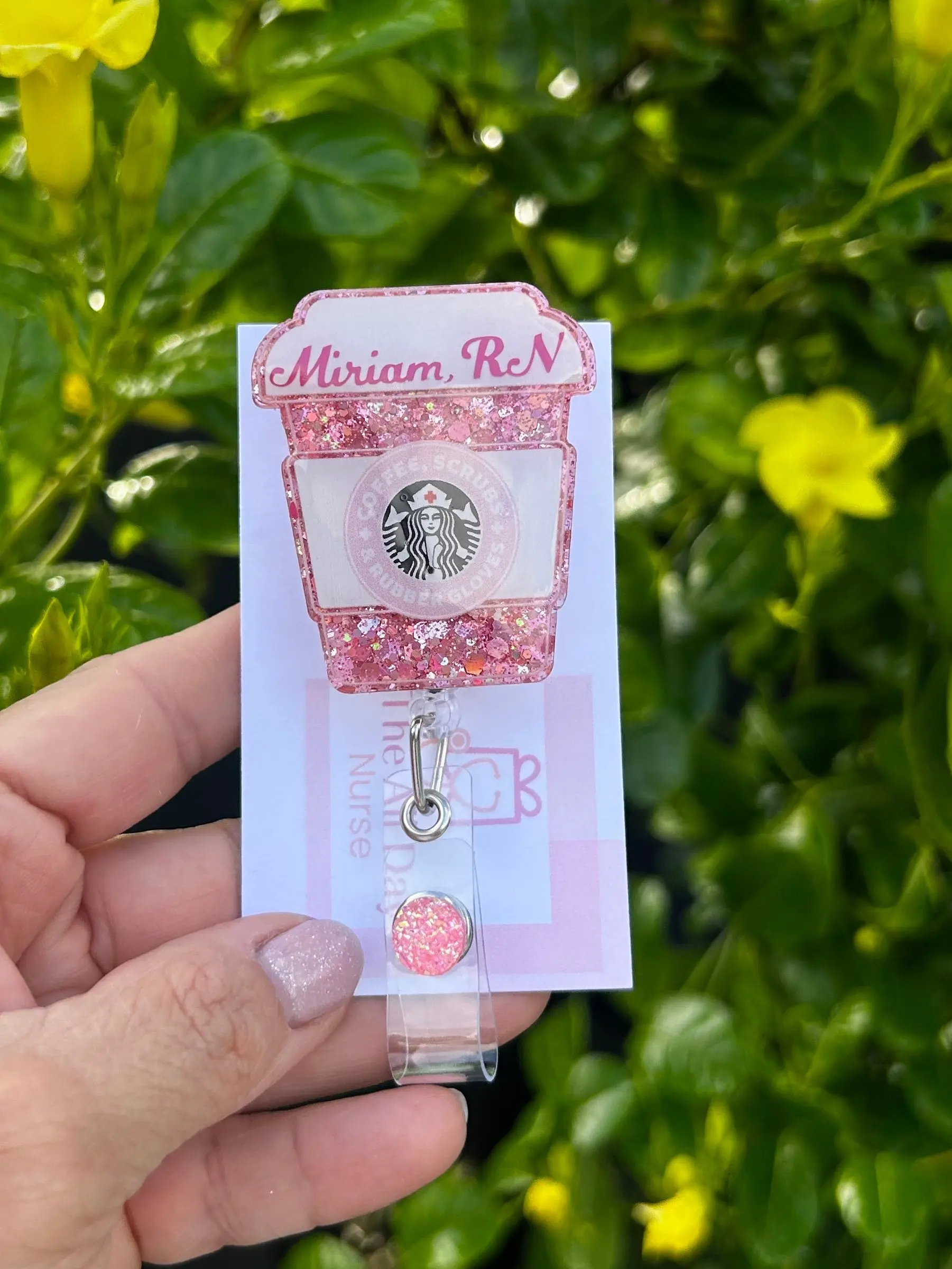 Personalized Nurse Coffee Badge Reel | Custom Name & Credentials Badge Holder | RN CNA LPN Medical Assistant Gift | Pink Glitter Badge Reel
