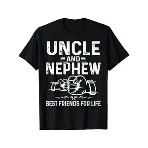 Menswear Short-Sleeve Round Neck Top, Uncle-Nephew Best Friends For Life Matching T-Shirt, Soft Casual Black Streetwear Graphic Tee With Boxing Gloves Design, Perfect Gift For Christmas, Family Outings