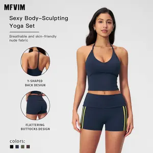 MFVIM thin-strap slim sports tank top and high-waisted fold-front shorts two-piece set for indoor and outdoor yoga workouts