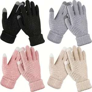 4 Pair Womens Thermal Fleece Lined Touchscreen Gloves, Fashion Thick Velvet Cold Weather Handwear with Elastic Cuffs, Korean Style Outdoor Protective Accessories Suitable for Skiing and Cycling in Cold Season